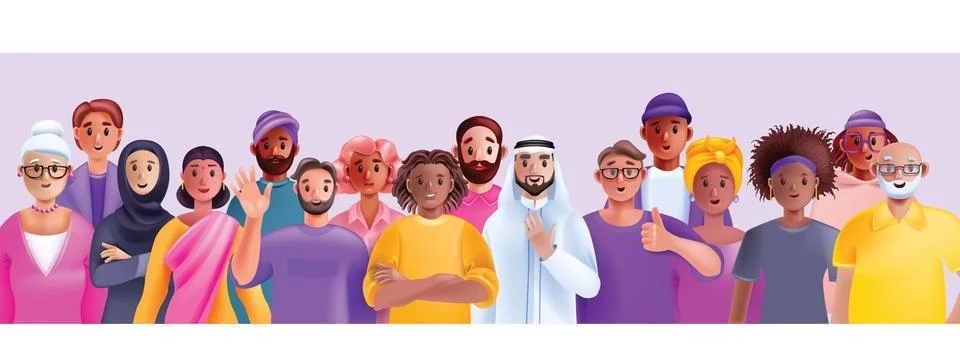 3D diverse people crowd, vector multicultural group, cartoon female male Stock Illustration