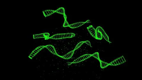 3D DNA on black bg. Object dissolved flickering particles. Scientific medical Stock Illustration