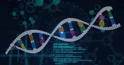 3D DNA helix floating in lab UI, with colored beads, hexagon diagrams, code b Stockillustratie