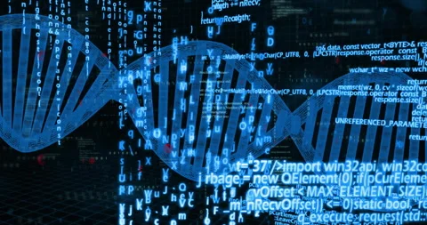 3D DNA helix floating over dark grid, with neon code and binary digits scrolling Stock Footage 309099391