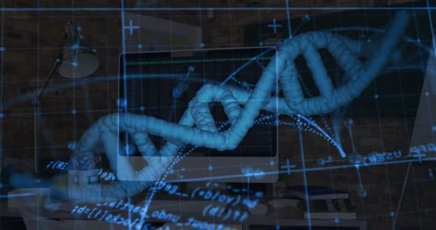 3D DNA helix materializing rotating with streaming code and glowing nodes Stock Footage 317185702