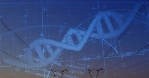 3D DNA helix spinning over blue grid, towers supporting power lines, nodes and Stock Footage 309255328