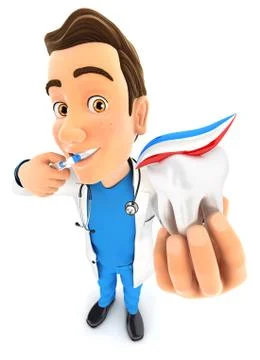 3d doctor brushing his teeth and holding tooth Stock Illustration