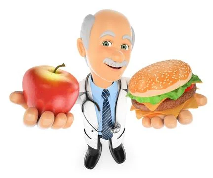 3D Doctor choosing between an apple and a hamburger Stock Illustration