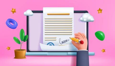3D document. Contract signature. Hand signing on laptop or paper. Law license in Stock Illustration