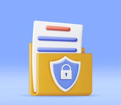 3D Document Folder with Padlock in Shield Stock Illustration