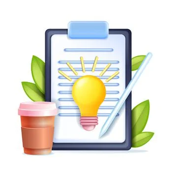 3D document icon, vector business paper on clipboard, idea light bulb Stock Illustration