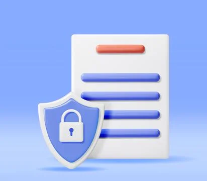 3D Document with Padlock in Shield Stock Illustration