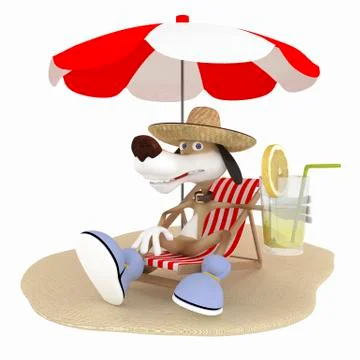 The 3d dog on a beach has a rest. Illustrazione stock