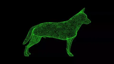 3D dog on black bg. Object dissolved green flickering particles. Business adv Stock Illustration