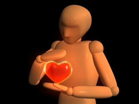 3D doll - puppet with red heart in hands Stock Illustration