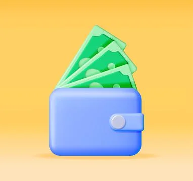 3D Dollar Banknotes and Leather Wallet. Illustrazione stock