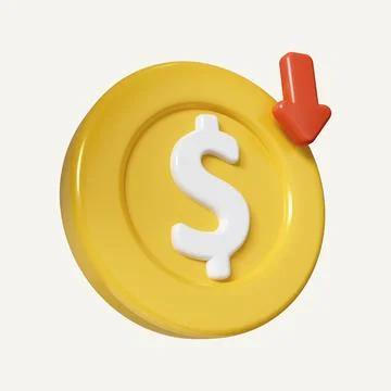 3d Dollar coin with down arrow. Economy, finance, money. money value down. icon Stock Photos