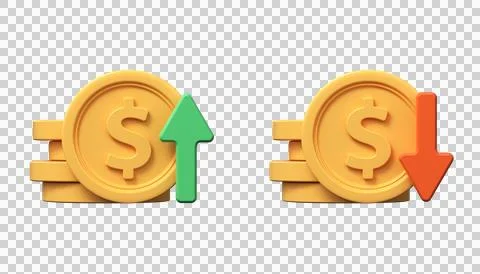 3d dollar coins with up and down arrows. The rise and fall of the dollar. Stock Illustration