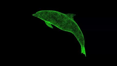 3D dolphin on black bg. Object dissolved green flickering particles. Busine.. Ilustración de archivo