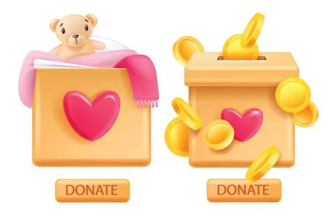 3D donate box, vector charity love badge, heart, button, bear, vector sponsor Illustrazione stock