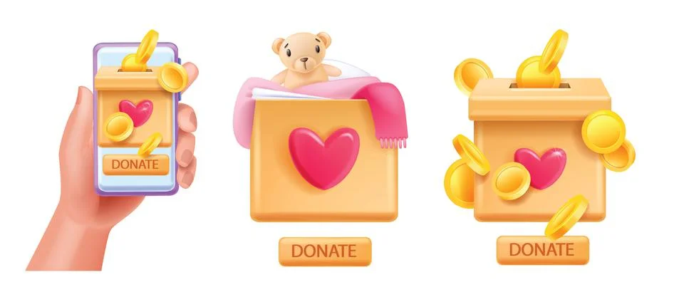 3D donate box, vector charity love badge, heart, button, bear Stock Illustration
