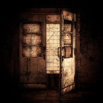 3d door in old building Ilustración de archivo