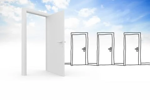3D door with silver handle is opening on seamless floor under blue sky, sketched Stock Illustration
