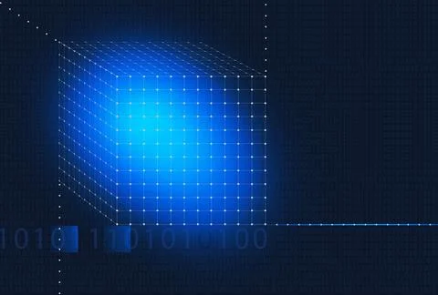 A 3D dot cube and binary codes on blue background - digital technology and co Illustrazione stock