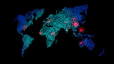 3D dot world map with red circle aim target on the map, for futuristic concep Illustrazione stock