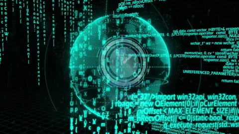 3D dotted globe rotating on dark grid floor, with floating code lines and Stock Footage 309101314