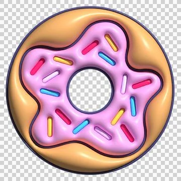 3D doughnut is floating top-down on transparent bg, showing pink star frosting, Stock Illustration