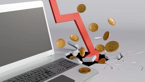 A 3d downward arrow and falling gold dollar coins around a laptop. Stock Illustration