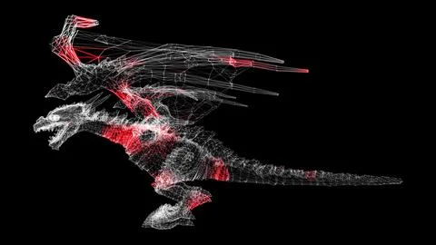 3D dragon on black background. Object made of shimmering particles. A fabul.. Ilustração Stock