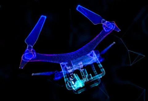 3d drone. Quadcopter with camera. Abstract mesh art with lines, dots and Stock Illustration