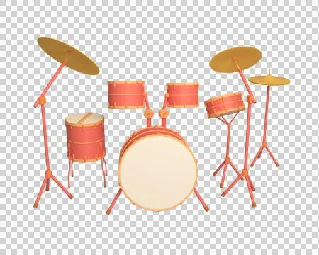 3d drum kit. Percussion musical instrument. Red drums, stick and cymbal Stock Illustration