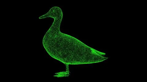 3D duck on black bg. Object dissolved green flickering particles. Business .. Stock Illustration