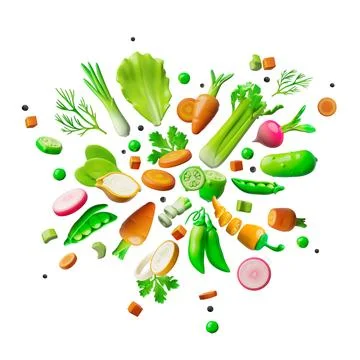 3d dynamic composition of vegetables, whole and sliced, carrot, cucumber, pepper Illustrazione stock