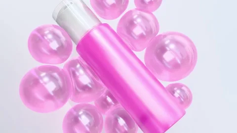 3D Dynamic pink cosmetic bottle mockup floats surrounded by shimmering pearl 動画素材 318611018