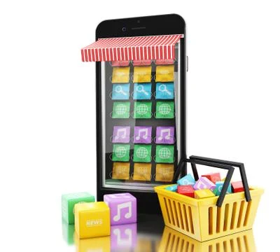 3d E-commerce, Smartphone with mobile app stores. Stock Illustration