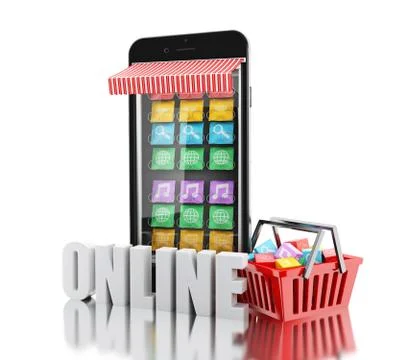 3d E-commerce, Smartphone with mobile app stores. Stock Illustration