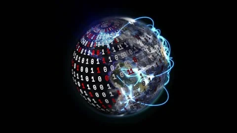 3D Earth appearing binary digits spreading left while blue arcs looping to Stock Footage 329594360