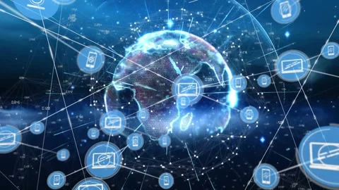 3D Earth emerging triggers device icons appearing, rotating and connecting, Stock Footage 329032282