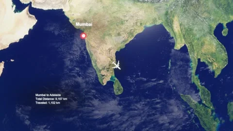 3D Earth Flight Route Mumbai To Adelaide With Dotted Path And HUD Data Stock Footage 329320341