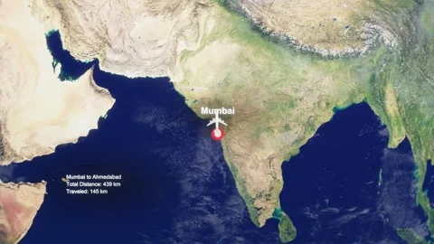 3D Earth Flight Route Mumbai To Ahmedabad With Dotted Path And HUD Data Stock Footage 329320406