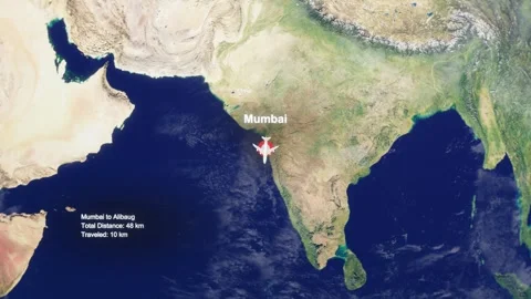 3D Earth Flight Route Mumbai To Alibaug With Dotted Path And HUD Data Stock Footage 329320407