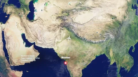 3D Earth Flight Route Mumbai To Almaty With Dotted Path And HUD Data Stock Footage 329320413