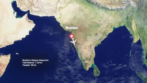 3D Earth Flight Route Mumbai To Alleppey With Dotted Path And HUD Data Stock Footage 329320437