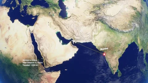 3D Earth Flight Route Mumbai To Athens With Dotted Path And HUD Data Stock Footage 329320471