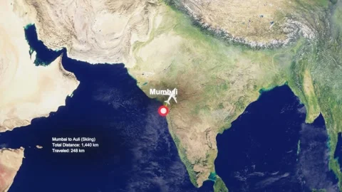 3D Earth Flight Route Mumbai To Auli With Dotted Path And HUD Data Stock Footage 329320490