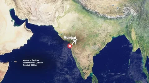 3D Earth Flight Route Mumbai To Ayodhya With Dotted Path And HUD Data Stock Footage 329320504
