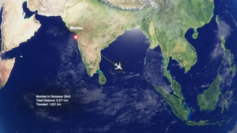3D Earth Flight Route Mumbai To Bali With Dotted Path And HUD Data Stock Footage 329320513