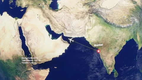3D Earth Flight Route Mumbai To Barcelona With Dotted Path And HUD Data Stock Footage 329320554