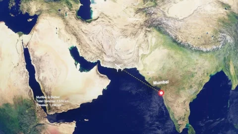 3D Earth Flight Route Mumbai To Belfast With Dotted Path And HUD Data Stock Footage 329320573