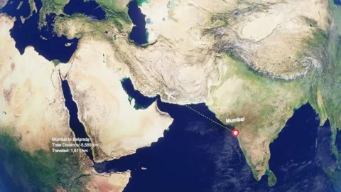 3D Earth Flight Route Mumbai To Belgrade With Dotted Path And HUD Data Stock Footage 329320582